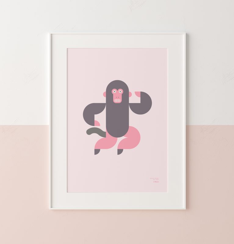 Close-up of a minimalist-style poster of a monkey.