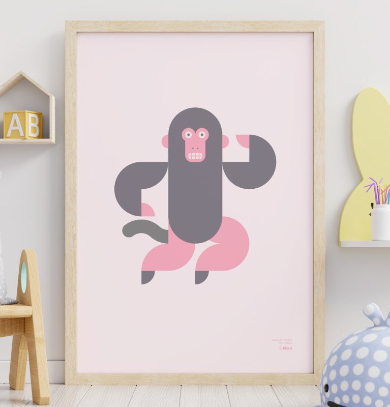 Close-up of of a minimalist-style poster of a monkey leaning against a wall and a child's room.