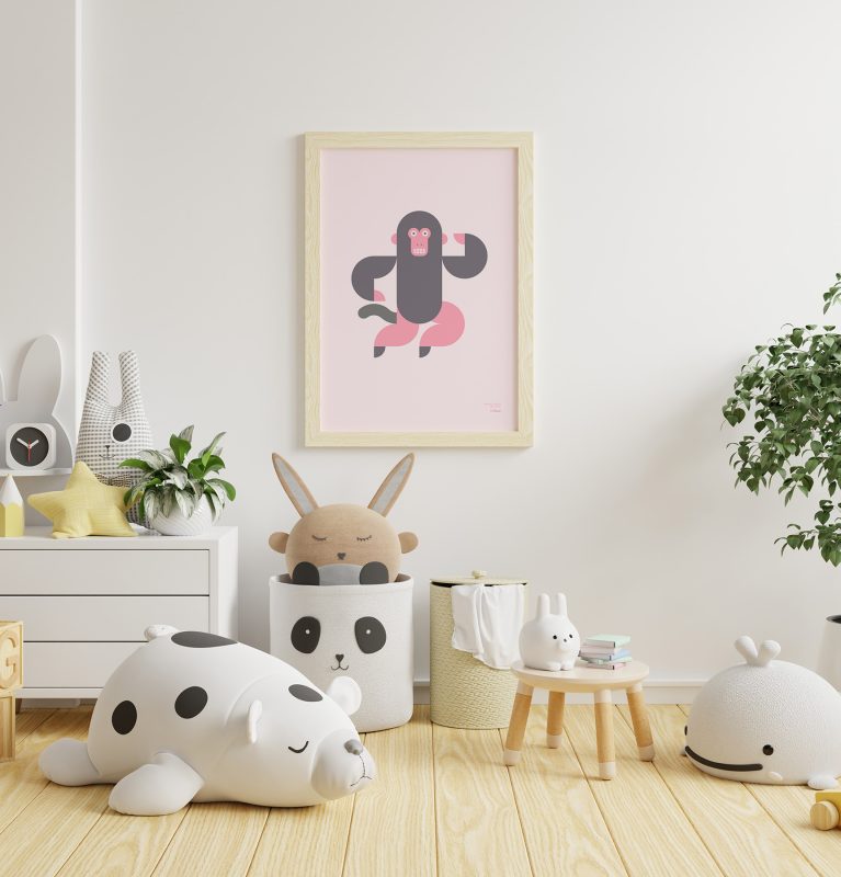 General shot of a child's room with various toys and a of a minimalist-style poster of a lion hanging on the wall.