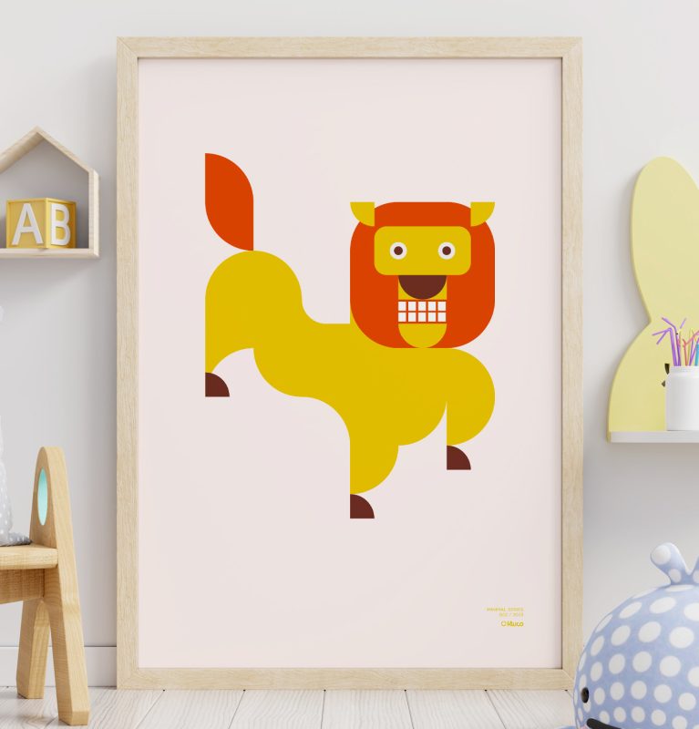 Close-up of of a minimalist-style poster of a lion leaning against a wall and a child's room.