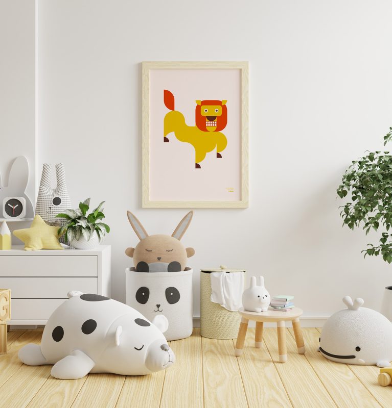 General shot of a child's room with various toys and a of a minimalist-style poster of a lion hanging on the wall.