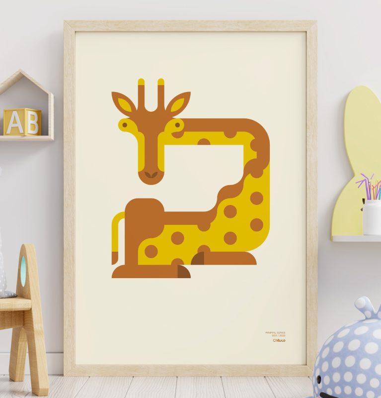 Close-up of of a minimalist-style poster of a giraffe leaning against a wall and a child's room.