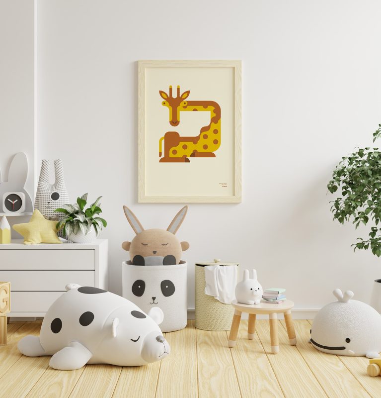 General shot of a child's room with various toys and a of a minimalist-style poster of a giraffe hanging on the wall.