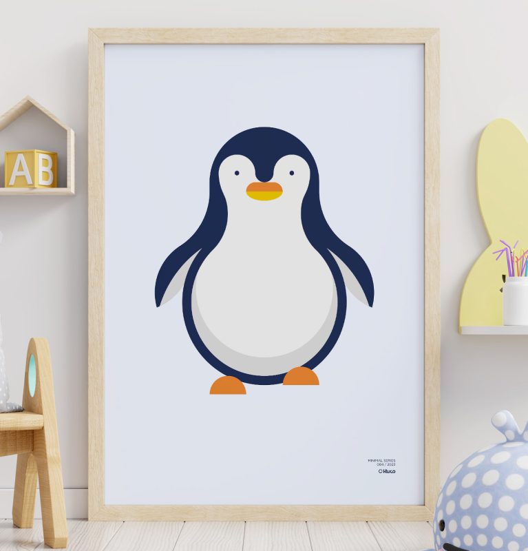 Close-up of of a minimalist-style poster of a penguin leaning against a wall and a child's room.