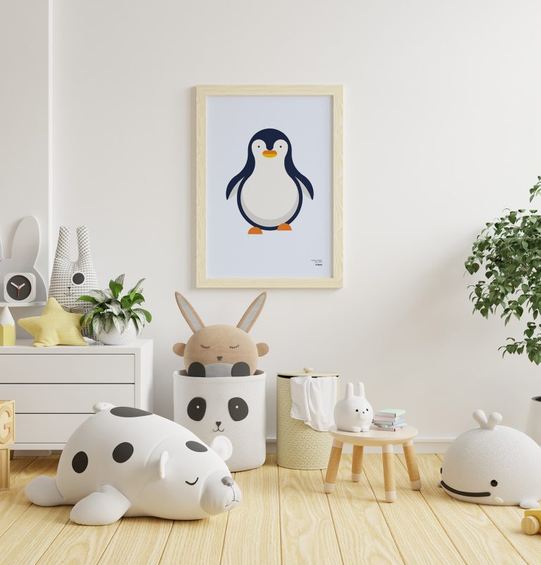 General shot of a child's room with various toys and a of a minimalist-style poster of a penguin hanging on the wall.