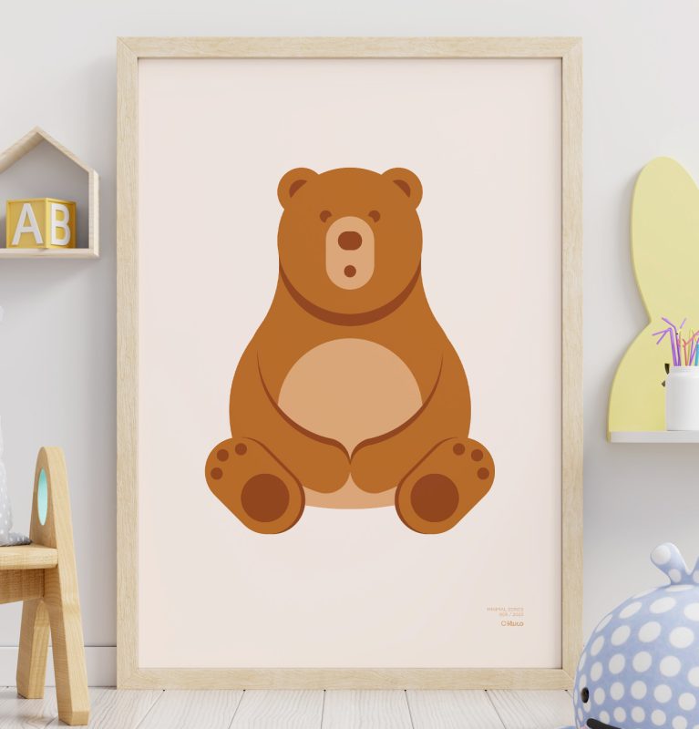 Close-up of of a minimalist-style poster of a bear leaning against a wall and a child's room.