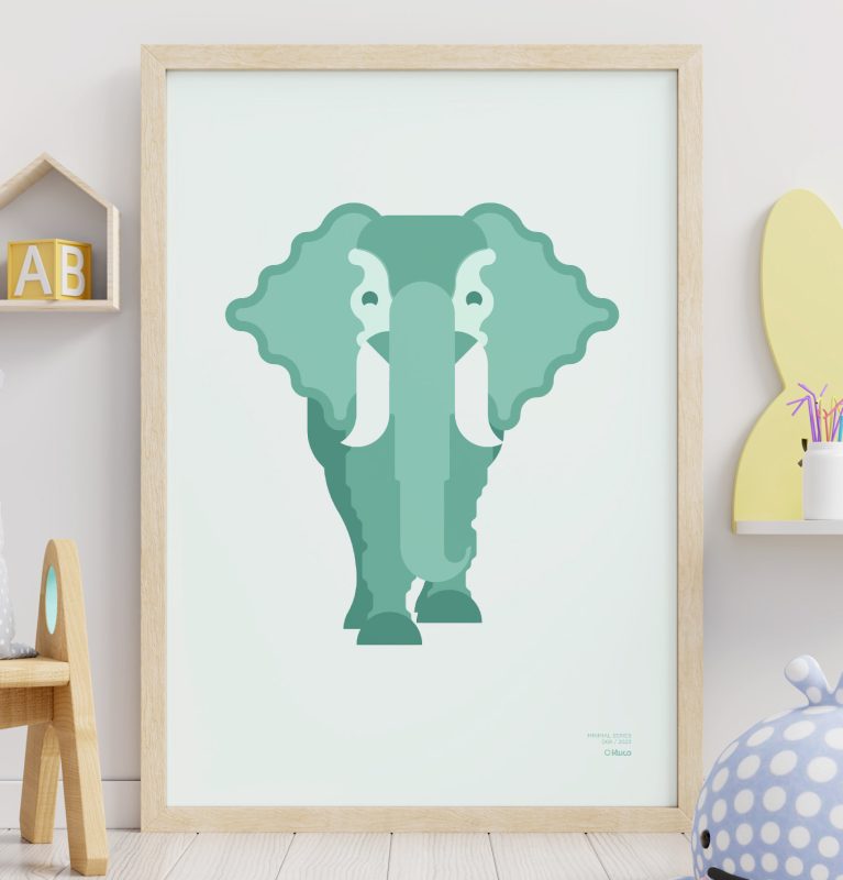 Close-up of of a minimalist-style poster of a elephant leaning against a wall and a child's room.