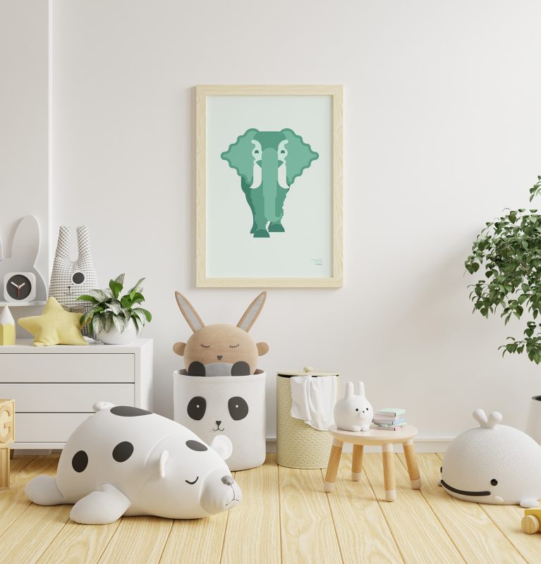 General shot of a child's room with various toys and a of a minimalist-style poster of a elephant hanging on the wall.