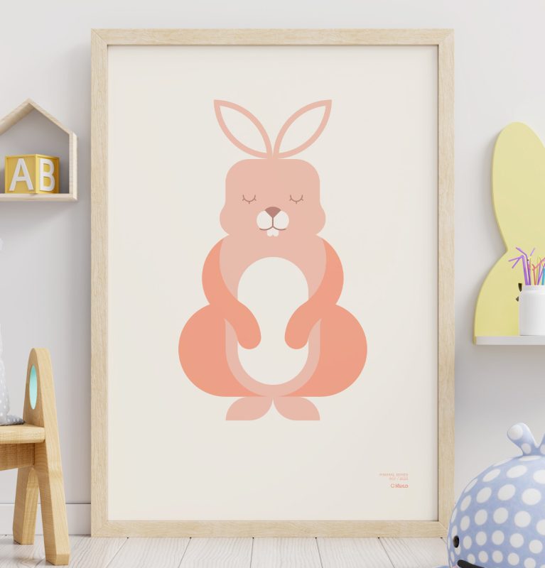 Close-up of of a minimalist-style poster of a rabbit leaning against a wall and a child's room.