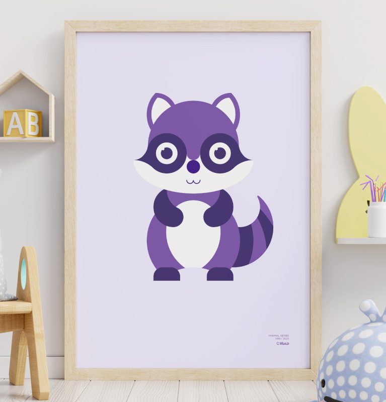 Close-up of of a minimalist-style poster of a raccoon leaning against a wall and a child's room.