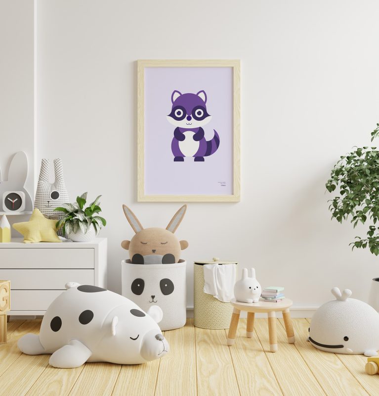 General shot of a child's room with various toys and a of a minimalist-style poster of a raccoon hanging on the wall.